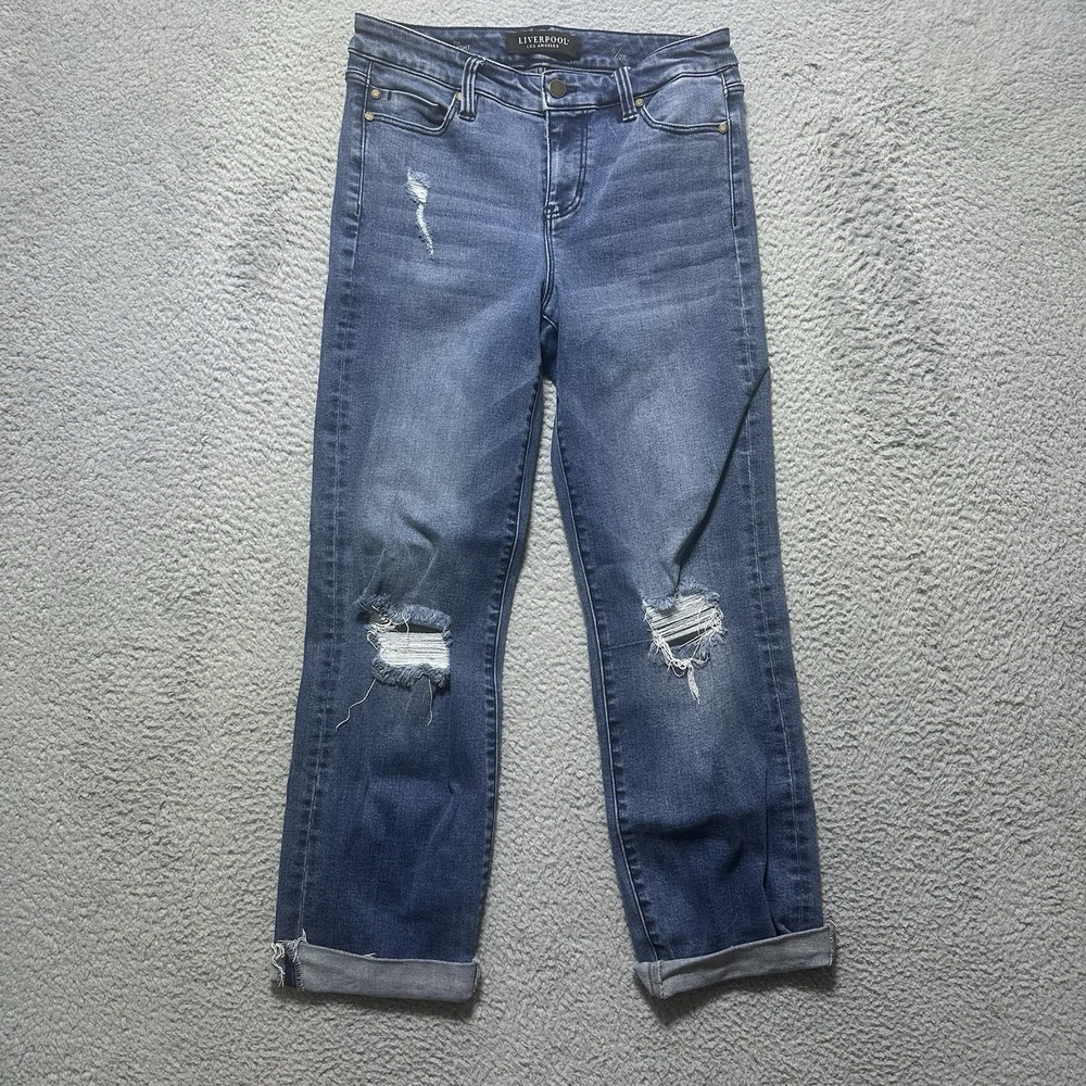 Liverpool The Straight Denim Blue Jean Womens 6/28 Medium Wash Distressed Cuffed
